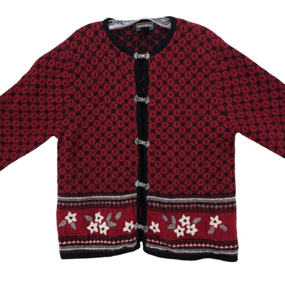 WOOLRICH Ruby Red Cardigan Made in JAPAN 100% Wool Clasp Closure Floral LARGE - Picture 2 of 8